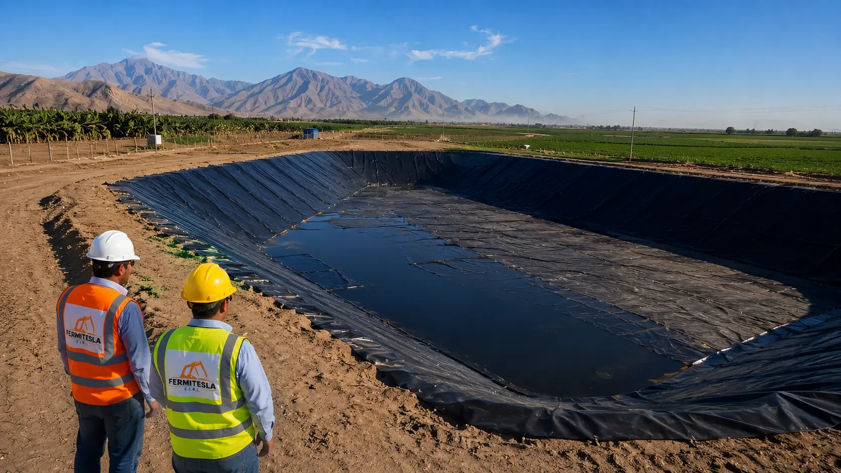 Ingenieros de FERMITESLA supervisando la instalación de geomembrana en un reservorio