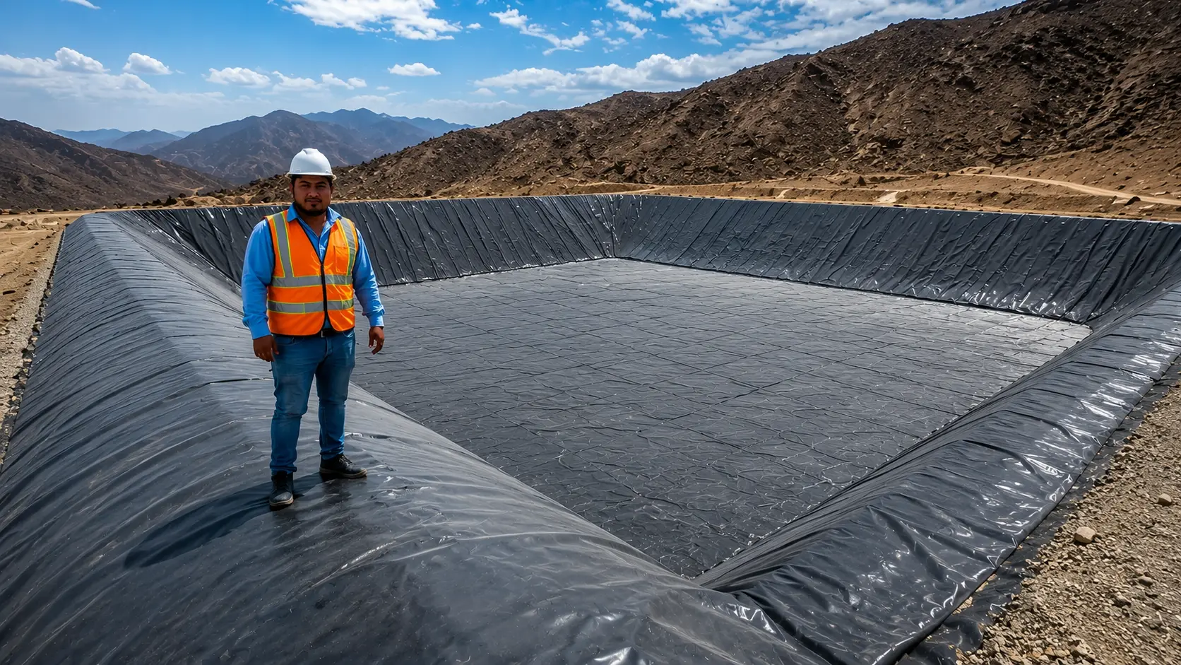 Cuadrilla de FERMITESLA instalando geomembrana HDPE en obra
